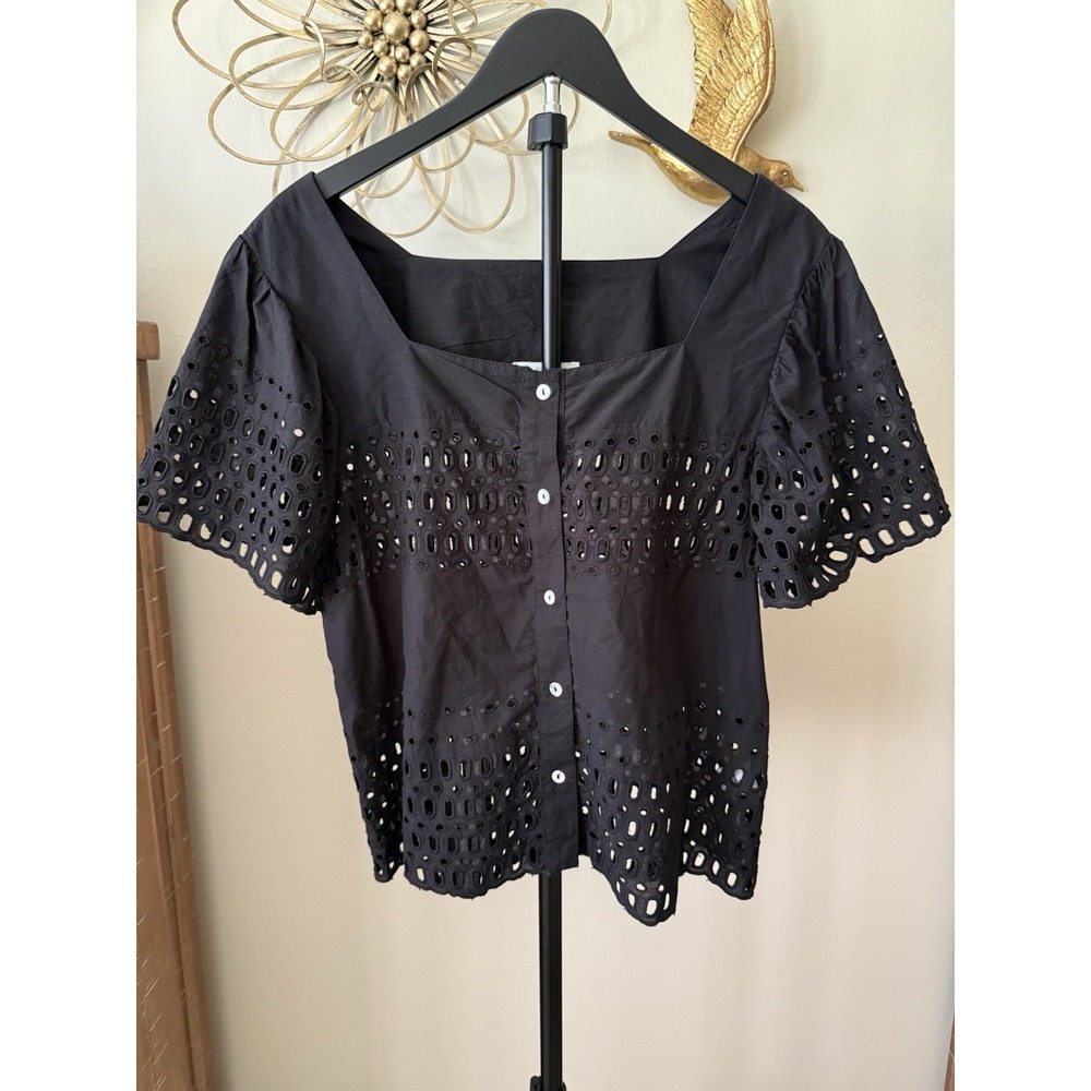 Calypso St Barth XL Black Cotton Eyelet Blouse Square Neck Flutter Sleeve